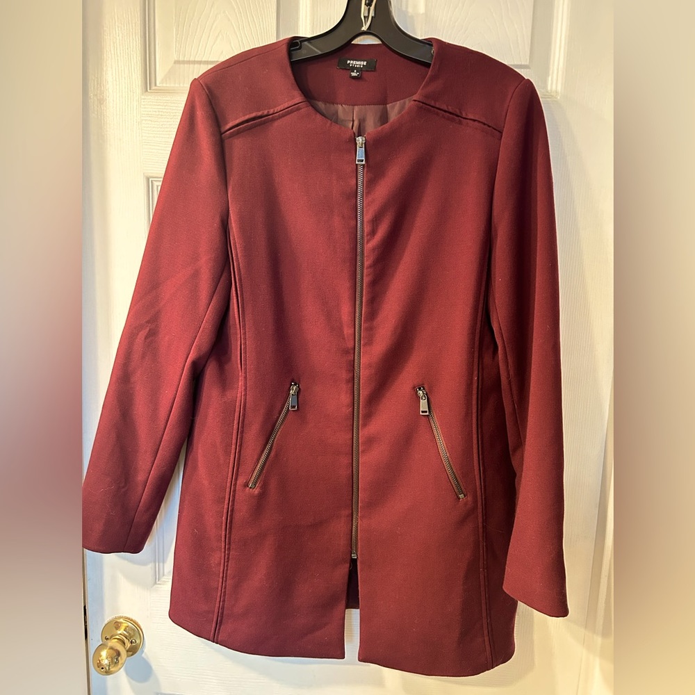 Premise coat/dress. Burgundy with zippered side pockets.